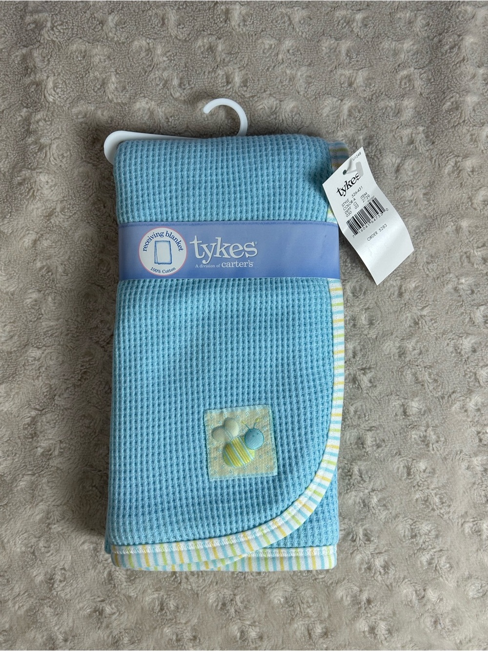 Vintage Carter's Tykes Bee Baby Blanket Blue Yellow Thermal Waffle Weave Stripes